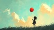a painting of a girl holding a red balloon in the sky with clouds in the background