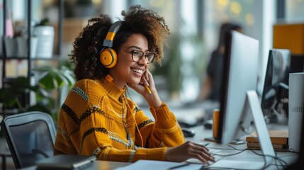 Poster - Friendly Customer Service Representative with Headset. Generative ai