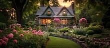 A Charming House Sits Surrounded By A Lush Garden Filled With Vibrant Blooms And Colorful Flowers Blooming In The Sunny Day