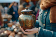 Young girl holding vintage storage jar in her hand. Street market, second hand old household objects for sale at flea market, garage sale, thrift store, charity shop. Zero waste, sustainable lifestyle