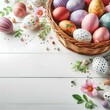 Painted easter eggs in a basket, flowers and some eggs on the ground with free space