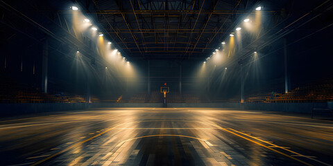 Wall Mural - An empty basketball court is illuminated by spotlights, creating dramatic lighting effects. The scene depicts an empty basketball arena or stadium with spotlights, polished wood, and fan seats.