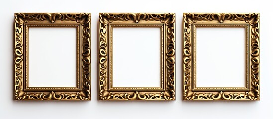 Poster - Three brown wooden picture frames, in rectangular shape, are symmetrically lined up on a beige background. The frames have a patterned facade, one made of metal