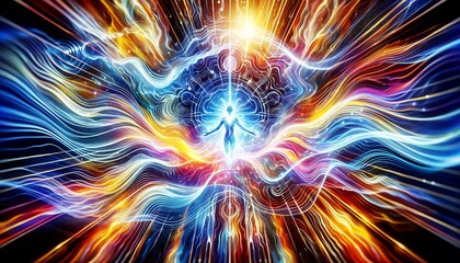 Wall Mural - A colorful, abstract painting of a person with a glowing aura. The painting is full of vibrant colors and seems to be a representation of the human spirit