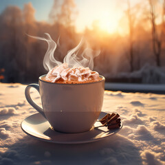 Poster - A steaming cup of hot cocoa on a winter day. 