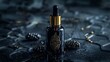 a visually stunning product photo for a high-end bee wax elixir, featuring a luxurious dropper bottle with sophisticated black and gold design elements