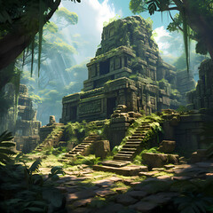 Canvas Print - Ancient ruins in a lush jungle setting. 