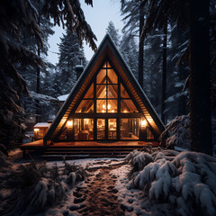 Wall Mural - Cozy cabin in a snowy pine forest.