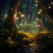 Enchanting forest scene with glowing fireflies. 