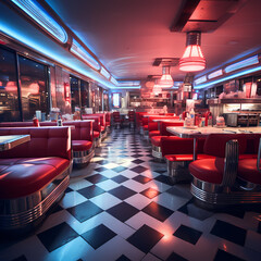 Poster - Retro diner with checkerboard floors and neon signs