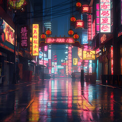 Wall Mural - Retro neon signs illuminating a rainy urban street