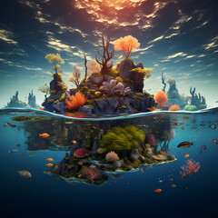 Poster - Surreal underwater scene with floating islands and fishes