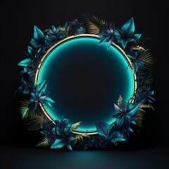 Wall Mural - Navy Blue neon frame with leaves on black background, in the style of circular shapes, tropical landscapes