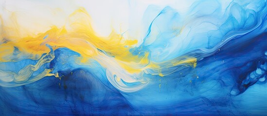 Poster - Abstract artwork depicting a wave in shades of blue and yellow, with a vibrant yellow center, creating a dynamic and colorful composition