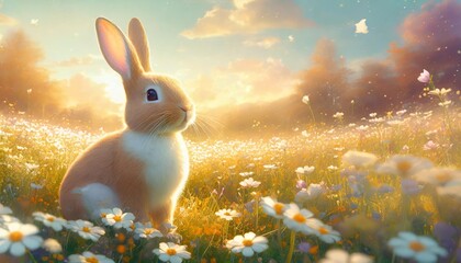 Wall Mural - cute easter bunny in a magical meadow with spring flowers