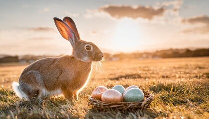Wall Mural - hare with painted eggs on the field easter concept
