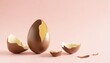 chocolate easter egg broken in half on pastel pink background with creative copy space minimal easter holiday concept