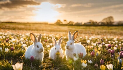 Wall Mural - three white rabbits in a colorful easter field