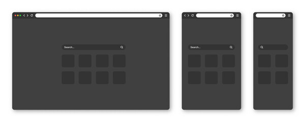 Fototapete - Blank web browser window with toolbar and search field. Modern website, internet page in flat style. Browser mockup for computer, tablet and smartphone. Adaptive UI, dark mode. Vector illustration