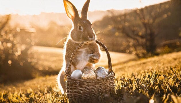a bunny at easter clutching a basket filled with eggs
