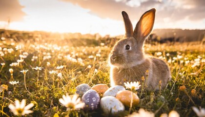 Wall Mural - adorable bunny with easter eggs in flowery meadow