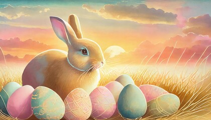 Wall Mural - easter bunny with eggs pastel colors