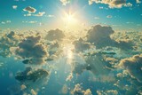 Fototapeta  - A sky-blue pattern with soft, fluffy clouds, interspersed with golden sunrays in the distance, capturing the sense of wonder and freedom created with Generative AI Technology