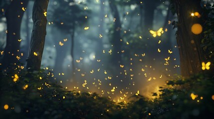 Wall Mural - Darkened forest with fireflies their ethereal glow.