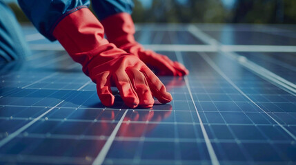 Wall Mural - A technician in red gloves installing photovoltaic solar panel system on the rooftop. Alternative energy concept.