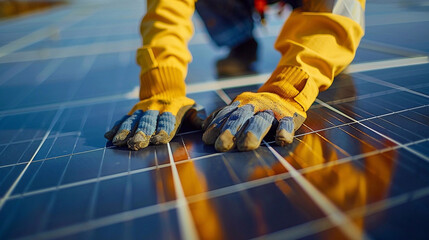 Wall Mural - A technician in yellow gloves installing photovoltaic solar panel system on the rooftop. Alternative energy concept.