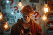 A young man looks intently at the screen of his mobile phone, with flying question marks and glowing light bulbs around him.