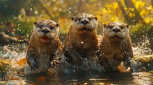Three Otters Frolicking In Liquid Nature, Running Through The Water