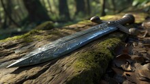 Medieval Sword Resting On A Mossy Log In A Forest