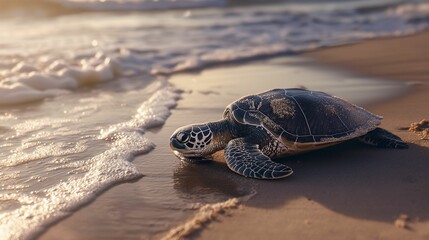 Wall Mural - Image of a sea turtle on the sandy beach.