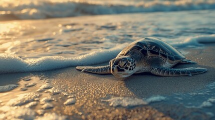 Wall Mural - Image of a sea turtle on the sandy beach.