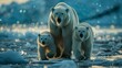 A polar bear and her cubs traverse the icy Arctic ocean