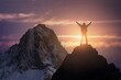 Silhouette of a hiker standing triumphantly on the peak of a mountain against sunrise or sunset. Success, freedom concept.
