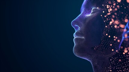 3d virtual human face formed by glowing dots waves network isolated on dark blue technology style background with copy space.