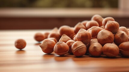 image of hazelnuts on a wood table.