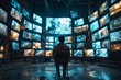 Digital entrapment: man ensnared by screens filled with media