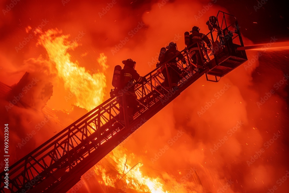 Brave Firefighters Battling Intense Blaze at Night, Fire Department in ...