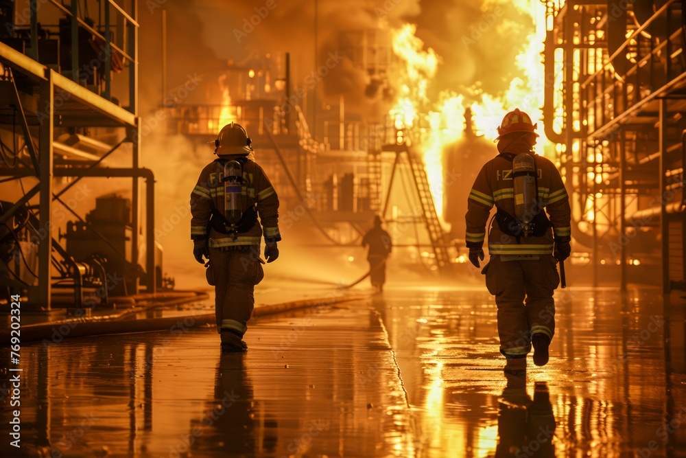Brave Firefighters in Action Battling Intense Industrial Blaze at Night ...