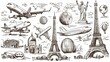 A collection of hand-drawn sketches represents the world of travel, featuring popular symbols of tourism, transportation, landmarks, and more, in a simple vector format