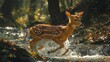 Fawn running through stream in woodland landscape, surrounded by wildlife