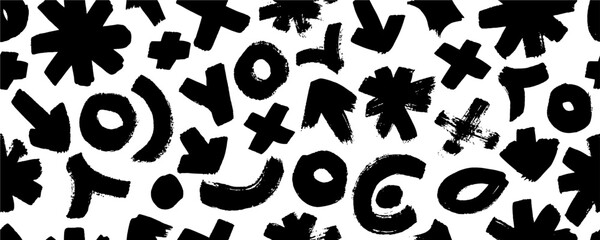 Seamless pattern with various geometric trendy shapes. Bold brush drawn geometric figures and objects ornament. Arrow, circles, swirls, asterisk and curved bold lines. Hand drawn abstract pattern.