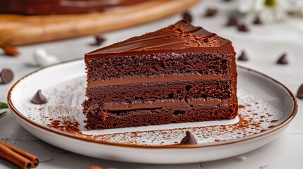 Wall Mural - Plate with slice of tasty homemade chocolate cake on table