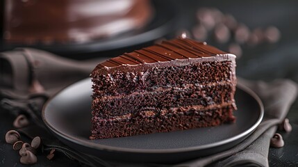 Wall Mural - Plate with slice of tasty homemade chocolate cake on table