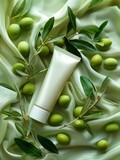 Fototapeta Sypialnia - A bottle of skin cream mock up with olives and leaves. 