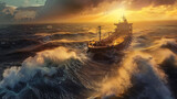 Fototapeta  - Oil tanker in rough seas with dramatic sunset in the background