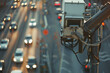 Highway surveillance: Close-up of traffic camera capturing motion-blurred vehicles. Ideal for security, transportation, urban monitoring, and traffic management concepts.